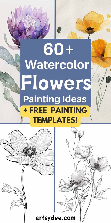 Blooming creativity! Learn to paint beautiful watercolor flowers with easy tips and FREE printable templates. Perfect for beginners & seasoned artists alike. #watercolor #flowerpainting #tutorial #templates #DIYart #floralart #watercolortutorial #beginnerart #artinspiration Free Printable Watercolor Flowers, Floral Printables Free, Watercolor Templates Printables Free, Watercolor Templates Printables, Free Floral Printables, Free Watercolor Printable, Pencil Art For Beginners, Watercolor Templates, Flower Painting Ideas