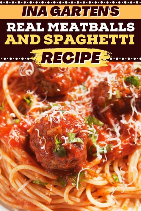 Ina Garten's real meatballs and spaghetti will be your new favorite dinner! With a rich, aromatic sauce and juicy, tender meatballs- what's not to love? Classic Meatballs With Tomato Sauce Food Network, Ina Garten Real Meatballs And Spaghetti, Ina Garden Spaghetti Sauce, Ina Garten Spaghetti And Meatballs, The Best Spaghetti And Meatballs, Ina Garden Spaghetti And Meatballs, Tony Danza Meatballs, Ina Garten Spaghetti Sauce, Ima Garten Recipes