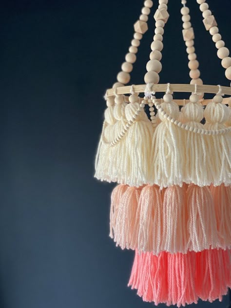 Diy Yarn Chandelier, Chandelier Nursery, Yarn Chandelier, Tassel Mobile, Kids Chandelier, Nursery Chandelier, Lamp Boho, Wooden Bead Chandelier, Decorative Chandelier