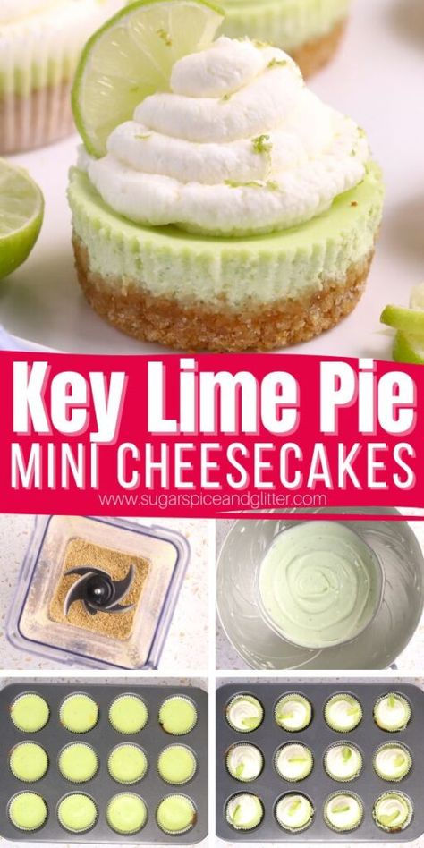 Transport your tastebuds to the Florida Keys with this sweet, pleasantly tart and creamy Mini Key Lime Pie Cheesecake recipe. It combines the unmistakably tropical flavor of a tart key lime pie with the rich creaminess of cheesecake to create one irresistible summer dessert. Key Lime Pie Recipe Mini, Triple Decker Key Lime Pie, Key Lime Cheesecake Cookies, Keylime Cheesecake Recipe No Bake, Mini Coconut Cheesecakes, Mini Keylime Pie Recipe, Margaritaville Desserts, Key Lime Cheesecake Cups, Summer Time Food Ideas