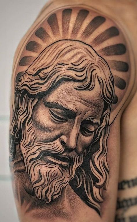 Jesus Tattoo On Arm, Jesus Tattoos, Jesus Christ Tattoo, Jesus Tattoo Design, Tattoo Hombre, Tato Ikan Koi, Tato Dada, Catrina Tattoo, Christ Tattoo