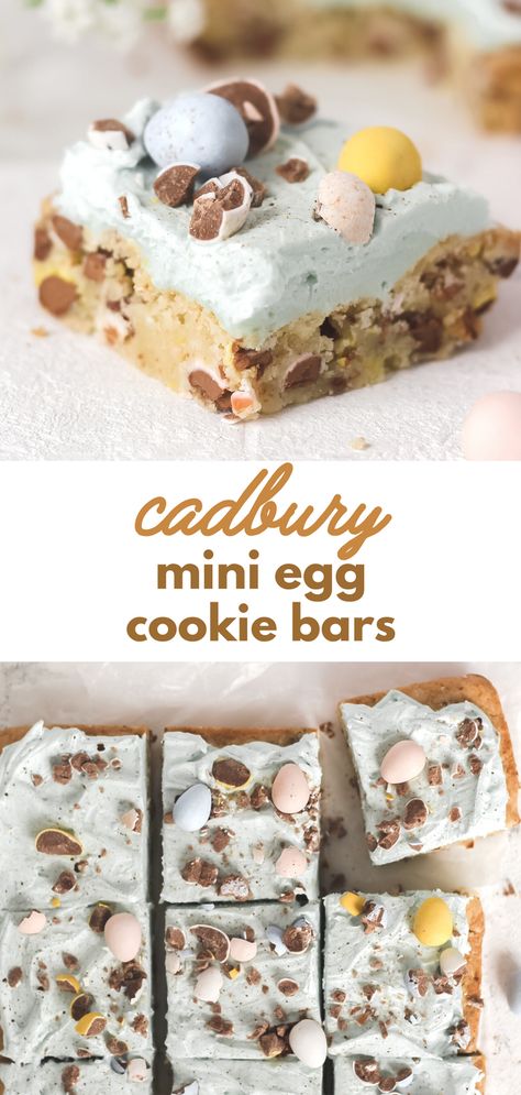 Mini Egg Easter Dessert, Easter Desserts With Mini Eggs, Robins Egg Dessert, Cadbury Mini Egg Cookie Bars, Cadbury Easter Egg Cheesecake, Cadbury Egg Bars, Cadbury Dessert Recipes, Cadbury Cookie Bars, Cadbury Brownies Recipes