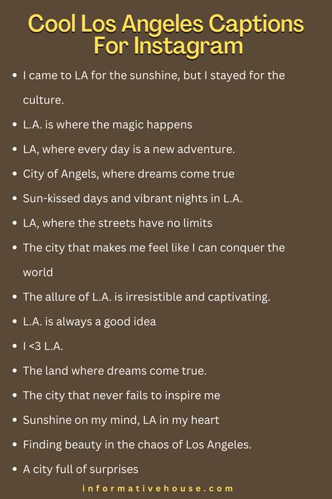 Unleash Your Inner Hollywood Star with Los Angeles Captions for Instagram Beach Photoshoot Captions, City Of Angels Aesthetic, Hollywood Captions Instagram, La Captions Instagram, Los Angeles Captions Instagram, Los Angeles Quotes, Ig Presets, Los Angeles Quote, Hollywood Quotes