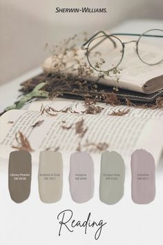 Colder temperatures make for the perfect time to snuggle up with comfort colors, like those found in the reading palette. Tap to order free color chips to see how they would look in your space. #sherwinwilliams #paint #painting #diy #renovation #colorinspiration #paintinspiration #decor #interiordesign #colorpalette #reading #books #bookaesthetic Therapeutic Paint Colors, Home Library Color Palette, Paint Colors For Library Room, Cottagecore Wall Paint Colors, Sherwin Williams Boho Color Palette, Color Palate For Whole House, Reading Room Paint Colors, Studio Mcgee Color Palette, Comforting Color Palette