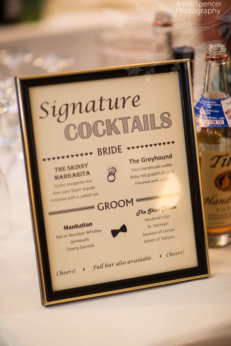 Wedding cocktail hour bride and groom's signature drinks. Bride And Groom Signature Drinks, Grooms Signature Drink, Bride And Groom Drinks, Wedding Cocktail Hour, Wedding Food Menu, Wedding Boards, Arch Ideas, Wedding Signature Drinks, Wedding Drinks