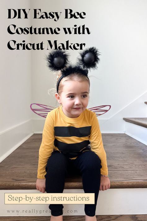 This Bee Costume is so sweet and so easy to make with your Cricut machine! Follow along as we show you how to make your own, step-by-step! Diy Bee Costume, Baby Bee Costume, Bee Costume Diy, Sibling Halloween Costumes, Diy Bee, Quick Halloween Costumes, Bee Wings, Black Striped Shirt, Bee Costume