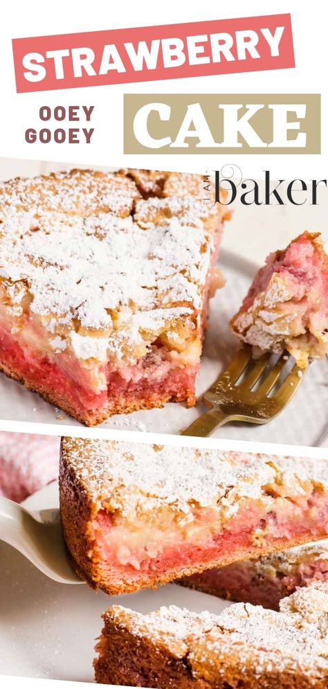 Recipes With Strawberry Cream Cheese, Pillsbury Strawberry Cake Mix Recipes, Strawberry Ooey Gooey Cake, Strawberry Gooey Bars, Strawberry Cake Mix Add Ins, Ooey Gooey Butter Cake Flavors, Strawberry Gooey Butter Cake, Desserts With Strawberry Cake Mix Boxes, Strawberry Ooey Gooey Butter Cake