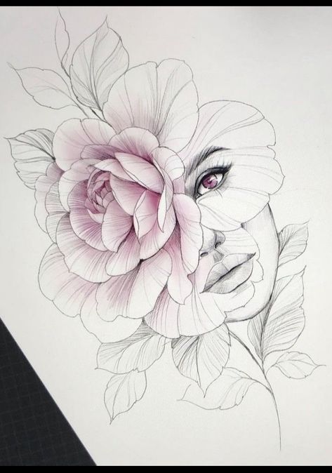 Line Art Floral Tattoo, Half Face Half Flower Tattoo, Face And Flower Tattoo, Face With Flowers, Flower Tattoo Drawings, Beautiful Flower Tattoos, Flower Art Drawing, Floral Tattoo Design, Tattoo Portfolio