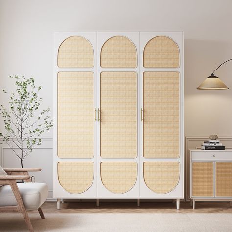 Rattan White 3 Door Bedroom Clothing Armoire Wardrobe with Shelves | Homary Rooms With Clothing Racks, Nursery With Wardrobe, Boho Storage Cabinet, Mid Century Armoire, Sliding Wardrobes For Bedrooms, Rattan Wardrobe Doors, Arch Wardrobe, Wardrobe Cabinet Design, Scandi Wardrobe