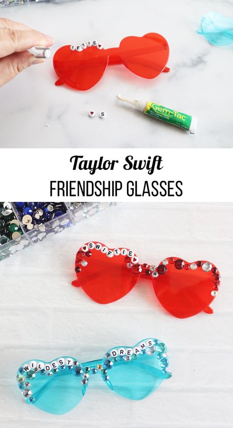 Taylor Swift Inspired Heart Friendship Glasses. Make friendship bracelet inspired heart glasses to wear to the Eras Tour. Taylor Heart Glasses, Taylor Swift Fearless Heart Hands, Eras Tour Glasses Diy, Taylor Swift Inspired Diys, Eras Sunglasses, Taylor Swift Inspired Crafts, Eras Tour Glasses, Swiftie Crafts, Taylor Swift Crafts