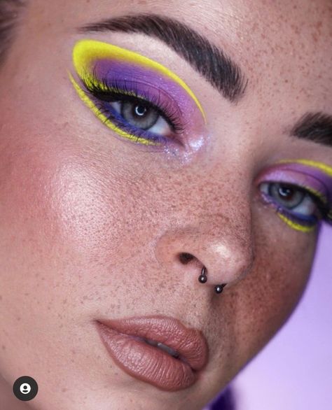 Yellow And Purple Makeup, Yellow Makeup, Graphic Makeup, Birthday Makeup, Purple Makeup, Fairy Makeup, Graphic Liner, Colorful Eye Makeup, Edgy Makeup