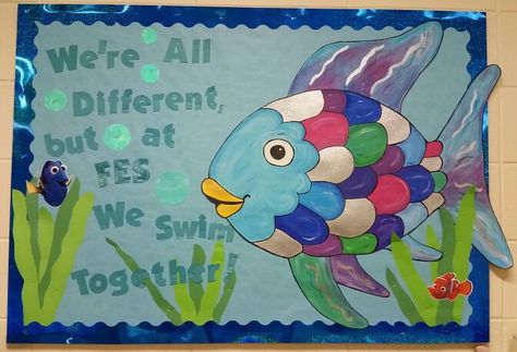 Rainbow Fish Bulletin Board for our Library featuring Dory and Nemo Rainbow Fish Bulletin Board, Fish Bulletin Boards, Ocean Bulletin Board, Dory And Nemo, Ocean Rainbow, Counseling Bulletin Boards, Book Door, Kindergarten Bulletin Boards, Bulletin Boards Theme