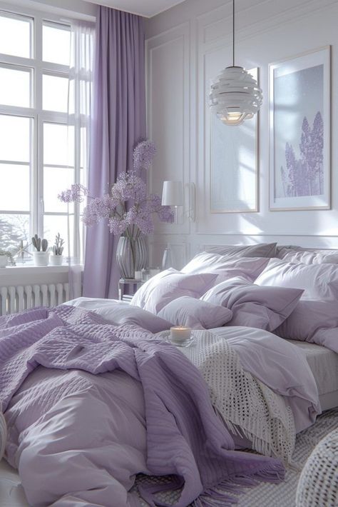 Light Purple Room Ideas Aesthetic, Bedroom Aesthetic Purple Pastel, Lilac Gray Bedroom, Lavender Bedroom Decor Ideas, Purple Color Room, Colors To Pair With Purple, Bedroom Ideas Purple And Grey, Purple Light Aesthetic, Gray And Purple Bedroom Ideas