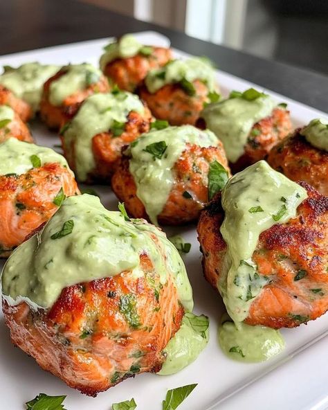 Baked Salmon Meatballs With Avocado Sauce, Salmon Meatballs With Avocado Sauce, Salmon Meatballs With Avocado Crema, Baked Salmon Meatballs With Creamy Avocado Sauce, Baked Salmon Meatballs, Salmon And Avocado Recipes, Salmon Balls Recipes, Salmon Meatballs Recipes, Fish Meatballs