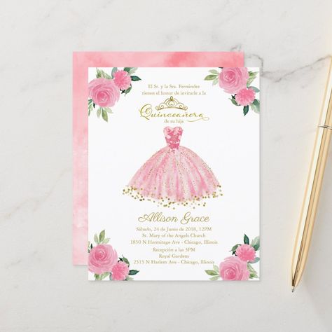 Budget Quinceanera Invitation Spanish Pink Gown | #quinceanerainvitation #15thbirthday #goldfoil #spanish #watercolor #elegant #quinceaneragown #quinceaneradress #cheap #hotpink Budget Quinceanera, Celebration Invitations, Quince Invitations, Gown Floral, Quinceanera Invitation, Gold Foil Invitation, Blush Gown, Pink Gown, Quinceanera Party