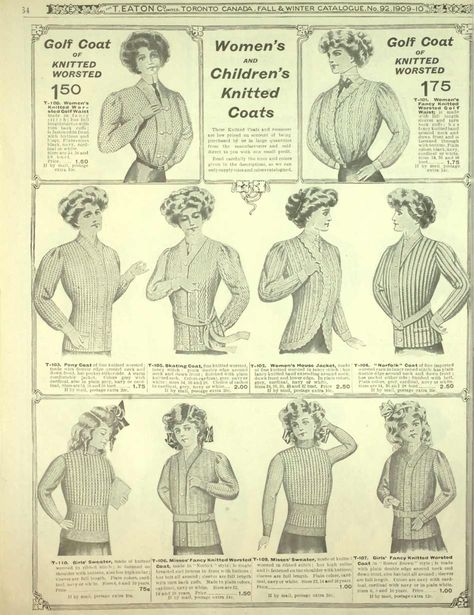 Edwardian 1909 Sweater Coats in various styles. 1930s Pictures, 1903 Fashion, 1930s Knitwear, Biggest Animals In The World, Historical Knitting, Tailored Outfits, Historical Clothing Patterns, Progressive Era, History Bounding