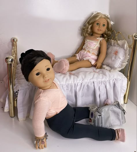 girly ballet coquette American Girl dolls sitting on a gold bed frame Pleasant Company Dolls, Ag Doll House, Custom American Girl Dolls, Doll Pictures, Doll Scenes, Doll Aesthetic, Our Generation Dolls, American Doll Clothes, Beanie Boos