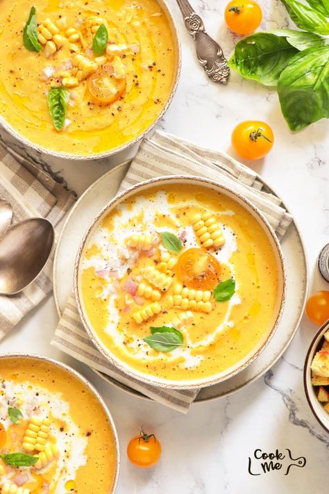 Cold Soup Recipes Summer, Gazpacho Recipes, Corn Gazpacho, Chilled Cantaloupe Soup, Yellow Tomato Gazpacho, Spicy Gazpacho, Bon Appetit Gazpacho, Summer Soup Recipes, Cold Soups