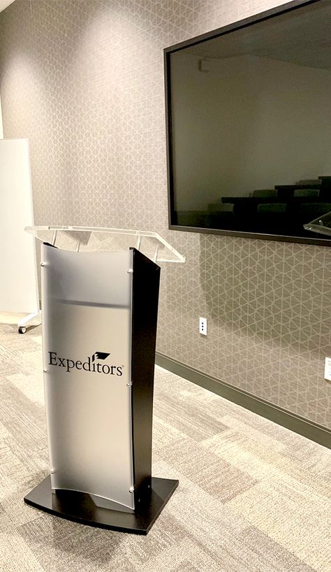 Shop custom-printed podiums for meetings and corporate events at Displays2go. Rostrum Design, Lectern Design, Church Pulpit, Podium Design, Training Room, Mic Stand, Wood Acrylic, Church Design, Signage Design