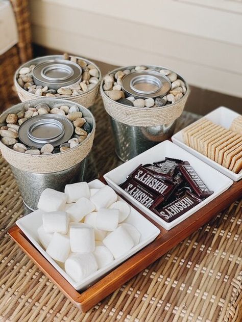 Tabletop S'mores With DIY Fire Bowls | She Gave It A Go Diy Smores Bar, Smores Table, Smores Bar Party, S'mores Tray, Indoor Smores, Smores Bars, Mini Fire Pit, Smores Station, Smores Party