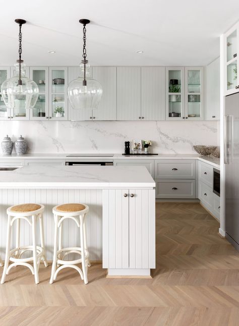 white hamptons kitchen with vj panelling on island | TLC Interiors White Hamptons Kitchen, Modern Hamptons Kitchen, Vj Panelling, Hampton Style Kitchen, Hampton Kitchen, Best Kitchen Island, Hamptons Style Interior, Carlisle Homes, Hamptons Kitchen