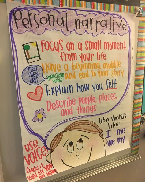 Personal Narratives Anchor Chart, Narrative Writing Anchor Chart, Teaching Narrative Writing, Second Grade Writing, Kindergarten Anchor Charts, Prompt Ideas, Personal Narrative Writing, Third Grade Writing, 3rd Grade Writing