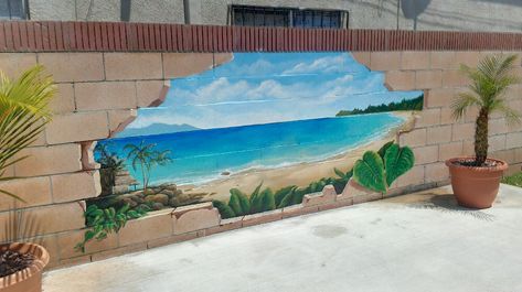 Block fence mural Cinder Block Paint, Ocean Mural, Beach Wall Murals, Beach Mural, Concrete Block Walls, Cinder Block Walls, Garden Mural, Block Painting, Fence Art