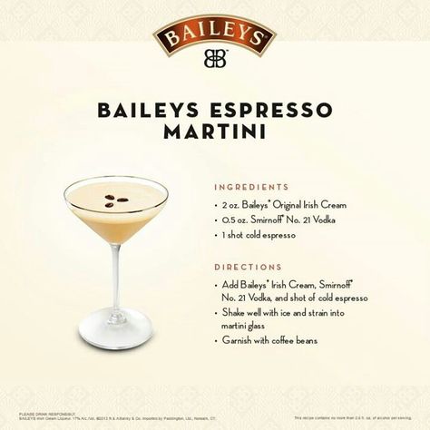 Expresso martini Espresso Martini With Baileys, Cake Martini, Espresso Martini Ingredients, Baileys Drinks, Baileys Cocktails, Espresso Martini Recipe, Martini Recipe, Baileys Irish, Vanilla Vodka