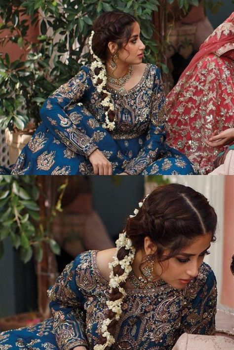 South Indian Braid With Flowers, Braid Hairstyles Pakistani Wedding, Mehendi Braid Hairstyles, Desi Hairstyles With Flowers, Flower Braid Indian, Desi Braid Hairstyles, Gharara Hairstyles, South Asian Wedding Hairstyles, Mendhi Hairstyles Braid