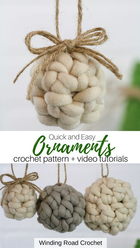 Yarn Diy Ornaments, How To Make Boho Christmas Ornaments, Knit Ornaments Patterns Free Easy, Rustic Crochet Christmas Ornaments, Beginner Crochet Christmas Ornaments, Quick Yarn Crafts, Easy Christmas Crochet Ornaments, Quick Christmas Ornaments To Make, Boho Ornaments Christmas