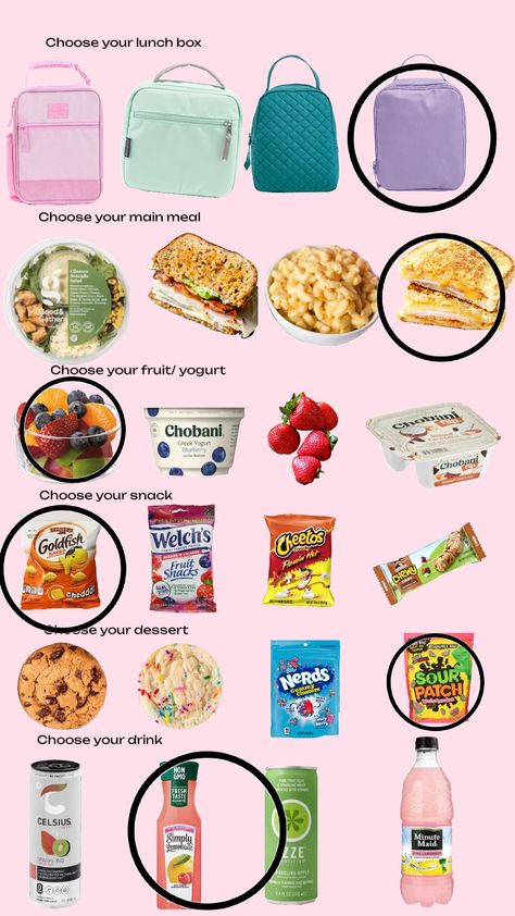 What’s your go to school lunch! Remix this!! What To Bring For Lunch Schools, Lunch List Ideas, Back To School Lunch Ideas Aesthetic, Things To Eat For Lunch At School, How To Pack School Lunch, What To Pack In Your Lunch For School, Chicken School Lunch Ideas, Stuff To Pack For Lunch, Lunch Inspo School