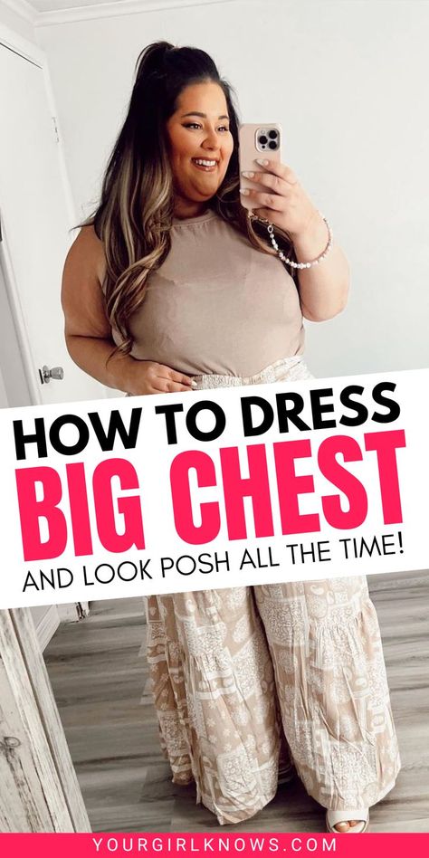 Need to update your wardrobe for a bigger bust? Don't settle for frumpy outfits - find out the best tips and clothes to show off your curves! Get stylish today and shake things up with the perfect pieces for a bigger bust. Click to learn more! Summer Outfits Big Bust, Heavy Bust Outfit, Frumpy Outfits, Big Chested Outfits For Women, Larger Bust Outfits, Short Torso Outfits, Plus Size Summer Outfits Big Stomach, Dresses For Big Bust, Outfits For Short Women