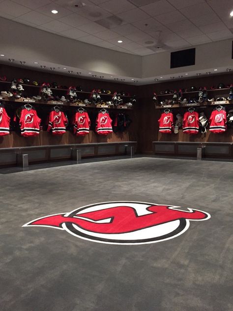 New Jersey Devils Locker Room Nhl Locker Room, New Jersey Devils Hockey, Nj Devils Aesthetic, New Jersey Devils Aesthetic, Nj Devils Wallpaper, New Jersey Devils Wallpaper, Hockey Locker Room, Sports Training Facility, Devils Hockey