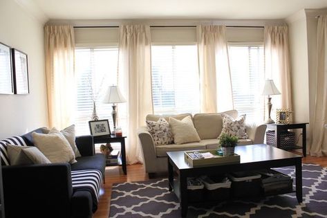 curtains for 3 windows together | ... have four panels hanging along the row of windows in our living room 3 Window Curtains, Window Curtains Living Room, Interesting Interiors, Casement Window, Bedroom Blinds, Window Treatments Living Room, Dark Bedroom, House Blinds, Window Covering