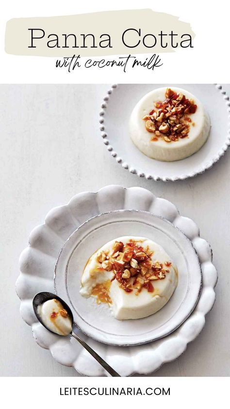 This rich and creamy coconut panna cotta recipe is topped with nutty peanut brittle to create and elegant dessert. If you've never tried panna cotta with coconut milk before, you're in for a great surprise! Milk Gelatin, Coconut Panna Cotta, Panna Cotta Recipe, Peanut Brittle, Heavy Cream, Coconut Milk, Peanut, Coconut, Milk