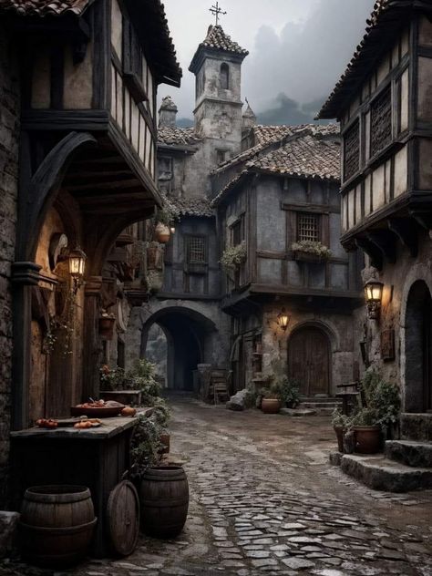 Medieval Row House, Medieval Town Aesthetic, Fantasy Town Aesthetic, Medieval Village Layout, Medieval Village Aesthetic, Tavern Exterior, Old English Town, Dark Dreamscape, Gothic Village