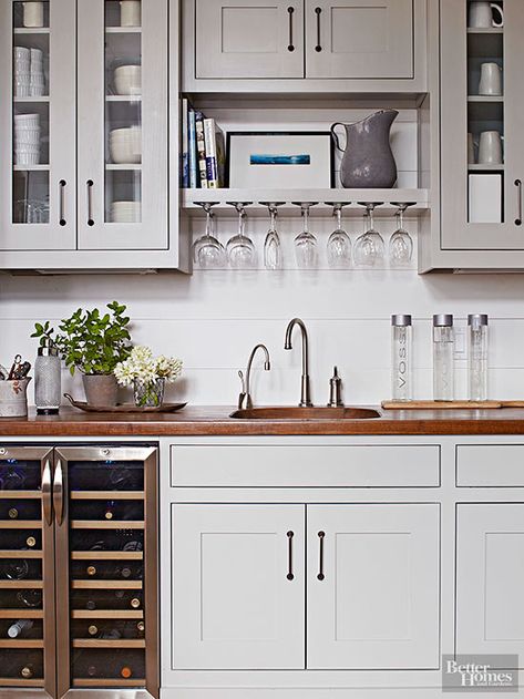 Task-Minded butler's pantry Cabinet Above Sink, Butler Kitchen, Butlers Pantry Ideas, Above Kitchen Sink, Above Sink, Wood Backsplash, Messy Kitchen, Glass Front Cabinets, Pantry Ideas