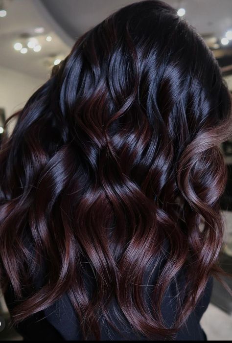 Deep Brown Burgundy Hair Color, Chocolate Brown With Burgundy Highlights, Burgundy Colour Hair, All Dark Hair, Chocolate Burgundy Hair Brunettes, Hair Color Ideas For Long Black Hair, Burgundy Brown Highlights, Dark Mahogany Brown Hair With Highlights, Black Hair With Brown Undertones