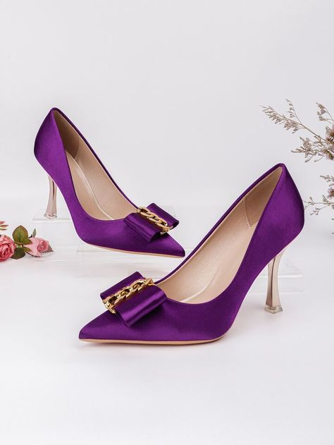 Bow High Heels, Purple Heels, Lace Pumps, Elegant High Heels, Elegant Hats, Bow Decor, Purple Shoes, Fancy Shoes, Pointed Toe Heels