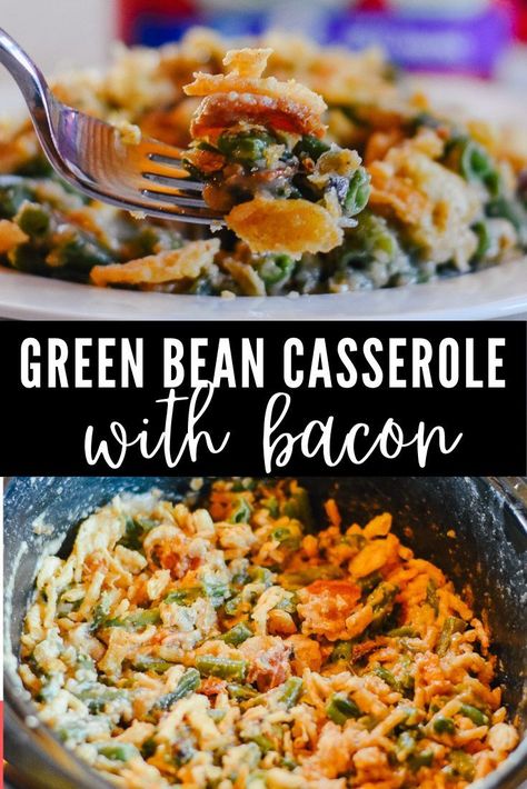 The Best Crock Pot Green Bean Casserole with Bacon: a classic for your crock pot. Easy to make ahead, free up your oven when cooking a big meal, or set it & forget it on a busy day. This highlights Campbell's Cream of Mushroom Soup, Frenchs Fried Onions & crispy bacon. Frenchs Fried Onions top this for a nice crunch. Super quick to prep, set it & forget it in your slow cooker! One of the best cheap crock pot recipes for a crowd. Perfect for a fall or winter crockpot treat, or Thanksgiving side. Crock Pot Green Bean Casserole, Crockpot Green Bean Casserole, Green Bean Casserole With Bacon, Leftover Green Beans, Green Bean Casserole Bacon, Ultimate Green Bean Casserole, Casserole Crockpot Recipes, Crockpot Green Beans, Green Bean Casserole Campbells