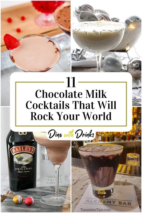 Collage of 4 chocolate milk cocktails. Moose Milk Recipe, Chocolate Alcoholic Drinks, Godiva Chocolate Liquor, Milk Cocktails, Chocolate Cocktail Recipes, Best Chocolate Milk, Chocolate Milk Mix, Vanilla Cocktail, Chocolate Vodka