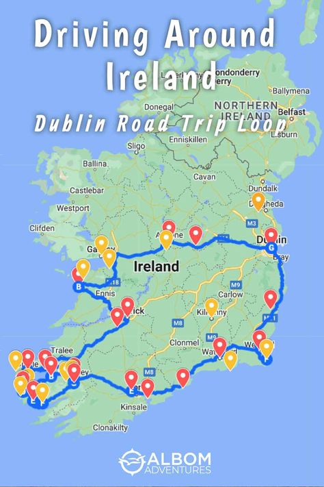 A map highlighting the best way to see the countryside by driving around Ireland. Here's our Irish road trip itinerary, looping from coast to coast. Ireland Road Trip Map, Ireland Road Trip Itinerary, Irish Vacation, Best Of Ireland, Ireland Road Trip, Dublin Ireland Travel, Ireland Itinerary, Southern Ireland, Ireland Map