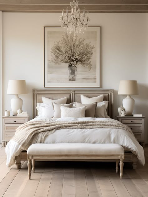 French Mediterranean Bedroom, White And Beige Master Bedrooms, Modern French Country Master Bed, French Style Bedroom Modern, French Contemporary Bedroom, Jewel Tone Bedroom, Restoration Hardware Bedroom, Cream And White Bedroom, Diy Headboard Ideas