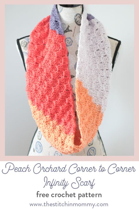 Peach Orchard C2C Infinity Scarf - Free Crochet Pattern | Scarf of the Month Club hosted by The Stitchin' Mommy and Oombawka Design | www.thestitchinmommy.com #ScarfoftheMonthClub2019 Crochet Pattern Scarf, Free Crochet Scarf, Peach Orchard, Crochet Scarf Pattern, Crochet Patterns Free, Corner To Corner Crochet, Scarf Patterns, Crochet Scarf Pattern Free, Yarn Bee