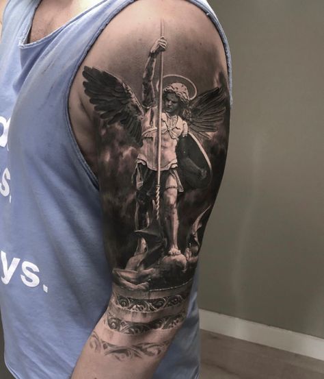 160+ Meaningful Religious Tattoos Designs with Pics (2021) - TattoosBoyGirl Religious Tattoo Sleeves, Religous Tattoo, Archanděl Michael, Angel Warrior Tattoo, Angel Sleeve Tattoo, Zwilling Tattoo, St Michael Tattoo, Guardian Angel Tattoo, Christian Sleeve Tattoo