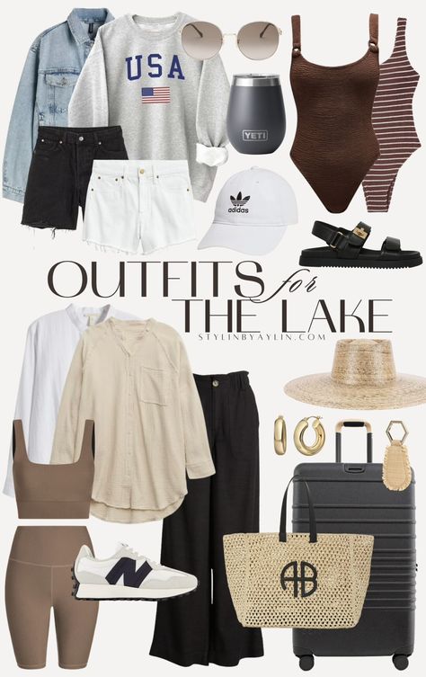 OUTFITS for the lake - Stylin by Aylin Lake Weekend Outfit, Lake Vacation Outfits, Lake Outfit Summer, Lake Outfit, Lake Style, Getaway Outfit, Striped Bathing Suit, Lake Trip, Play Pool