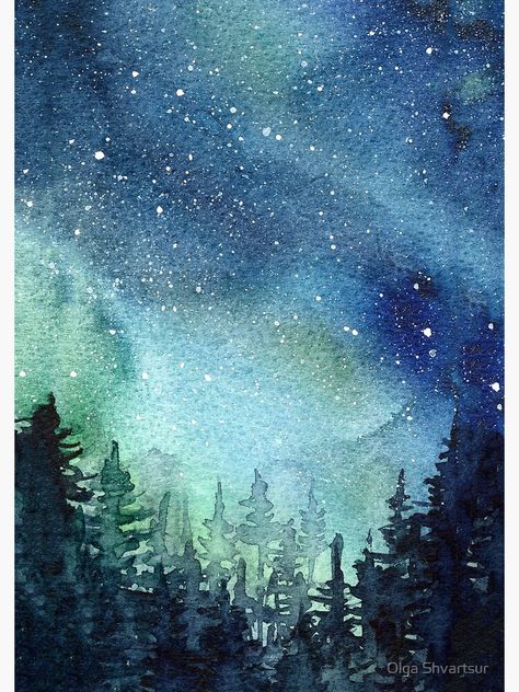 Northern Lights Watercolor, Aurora Borealis Painting, Art Galaxie, Nebula Painting, Watercolor Night Sky, Galaxy Watercolor, Northern Lights Painting, Watercolor Scenery, Watercolor Sky