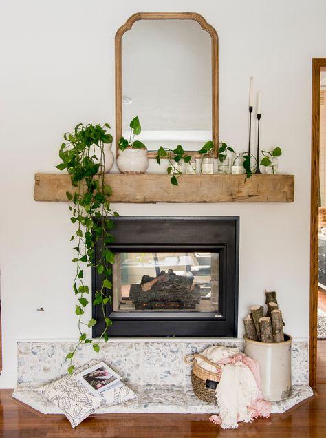 Styling spring mantel decor with plants is an easy task! Learn how easy propagating pothos is, while letting this indoor plant serve as decor too! #fromhousetohaven #propagatingpothos #indoorplants #springmanteldecor #fireplacedecor #springdecorating #pothos Modern Farmhouse Mantel Decor, Farmhouse Mantel Decor, Barn Beam Mantels, Spring Mantel Decorating Ideas, Christmas Decoration Storage, Farmhouse Mantel, Summer Mantel, Summertime Decor, Spring Mantel