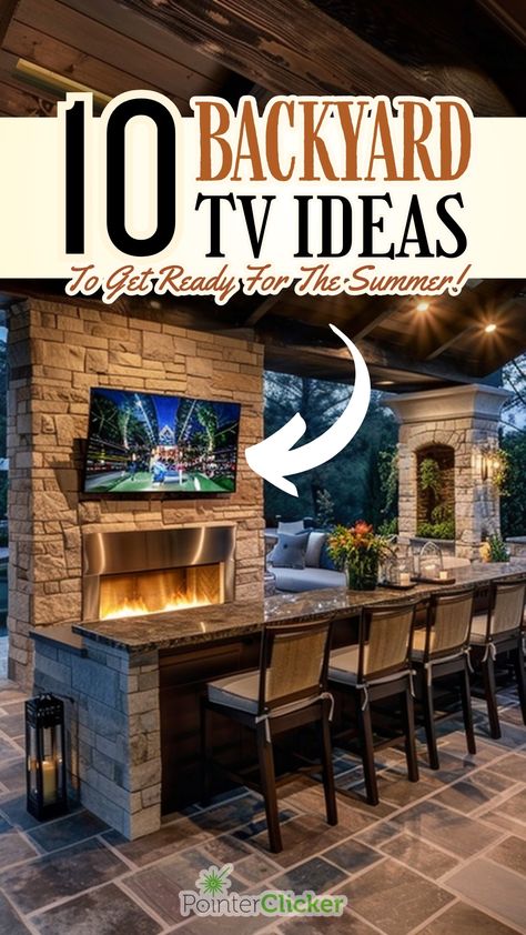 Dive into summer with our handpicked backyard TV ideas! From sleek modern designs to rustic charms, our collection features patio inspirations for every style. Discover unique TV stands, elegant wrought iron, cozy wood, luxe looks, and more to transform your outdoor space. Whether you have a sprawling lawn or a small patio, get ready for poolside movie nights or chic outdoor gatherings. Click to explore all our ideas and turn your backyard into the ultimate entertainment oasis! Tv In Outdoor Patio, Small Back Porch With Tv, Pergola With Tv Ideas, Outdoor Living Space With Tv, Tv On Fence, Covered Patio With Fireplace And Tv, Outdoor Pergola With Tv, Entertainment Patio Ideas, Tv Patio Ideas Outdoor