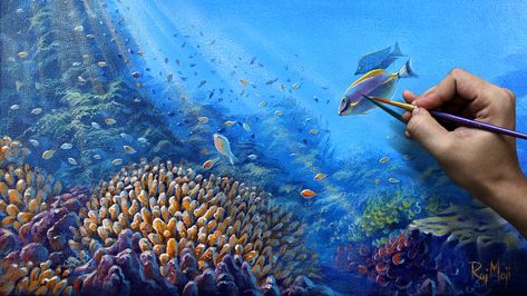 This is an Acrylic Painting full Video Tutorial. #landscapePainting #landscape #painting #acrylicPainting #art #creativePainting Painting Underwater Scenes, Paint Underwater, Paint Ocean, Underwater Scenery, Draw Sea, Ocean Mural, Underwater Ocean, Ocean Underwater, Reflection Painting